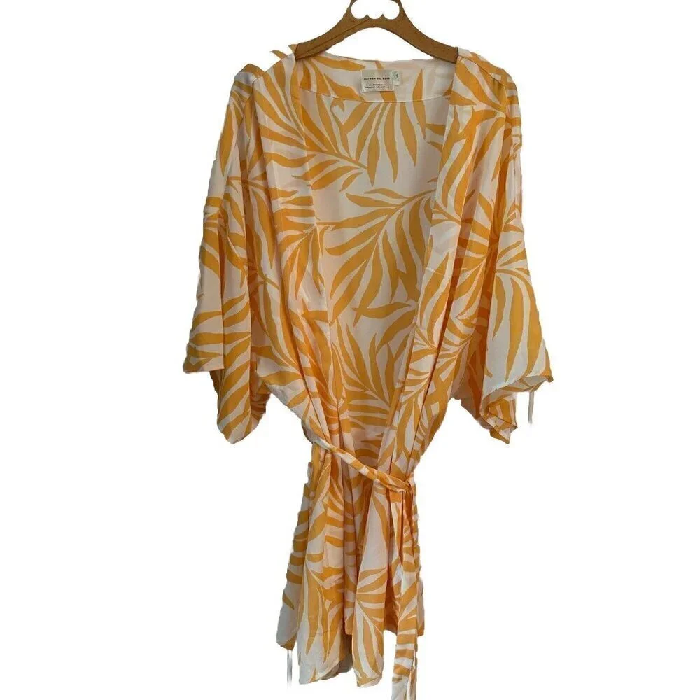 Maison Du‎ Soir Magnolia Palm XL/2XL Open Front Tie Sash Kimono Robe Cover Up
